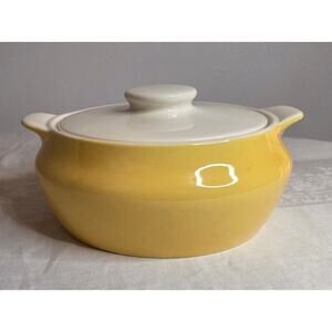 Vintage Yellow White Ceramic Soup Tureen Bean Pot w/Lid 1 1/2 Quart Unmarked